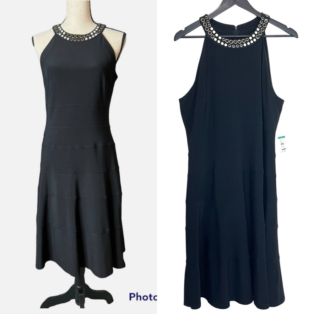 NWT Anne Klein Black Beaded Halter Midi Dresss